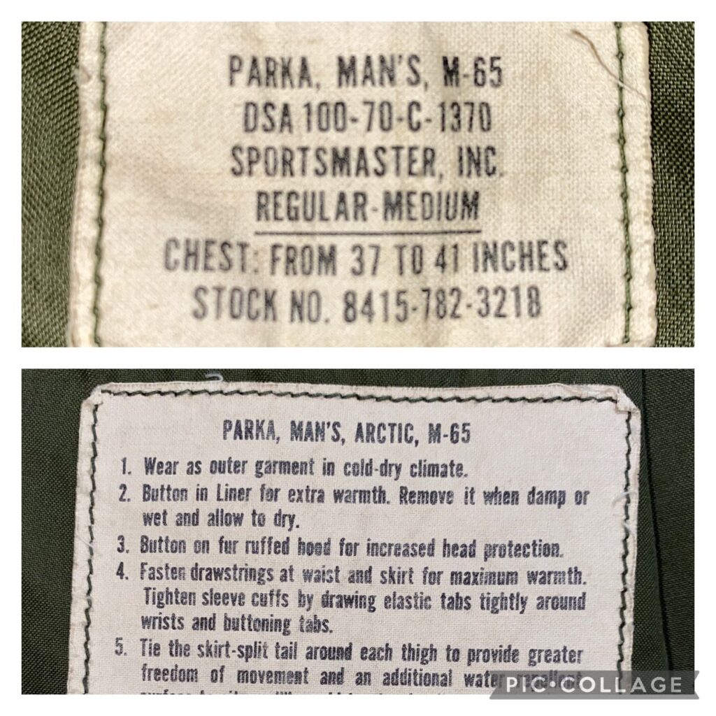 米軍実物 M65 フィッシュテールパーカー 70s のタグ