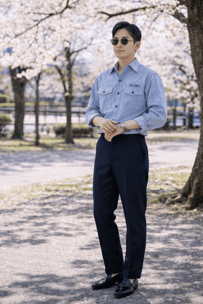 U.S.NAVYシャンブレーシャツのコーデ きれいめ